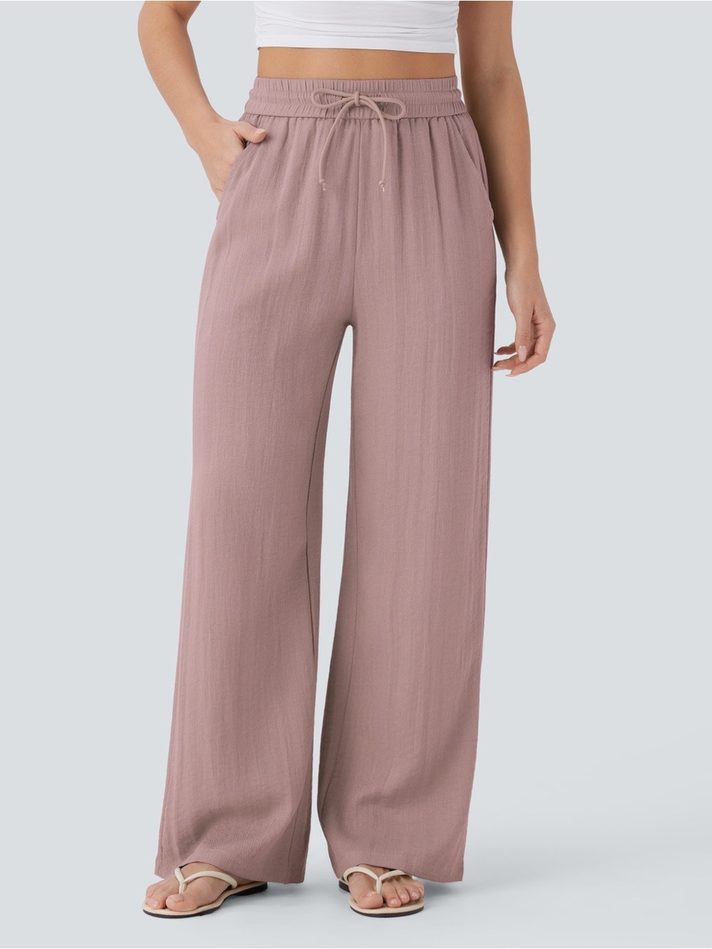 HALARA High Waisted Drawstring Pocket Wide Leg Casual Linen-Feel Pant - Mauve
